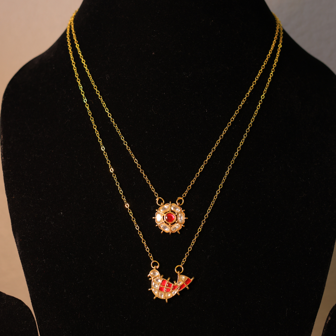 Handcrafted Paachi Kundan Layered Necklace Set with Ruby Floral & Bird Charms