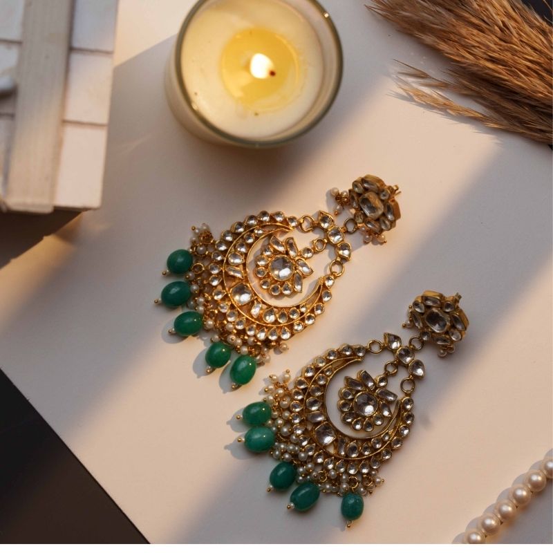Ragini Green and White Kundan Embellished Earrings