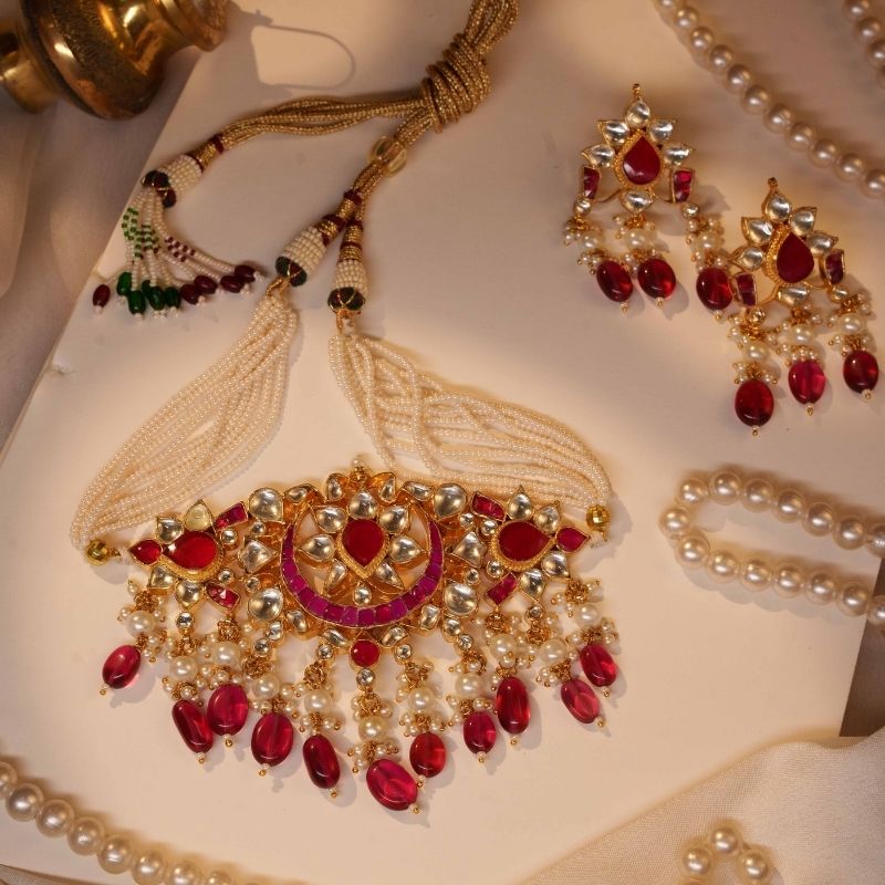 Vibha pink & White Jadtar Embellished Necklace Set