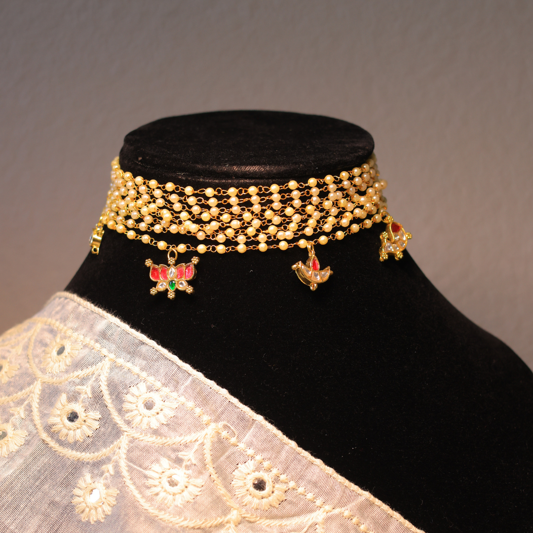 Handcrafted 5-Layer Pearl Choker Necklace with Kundan Charms