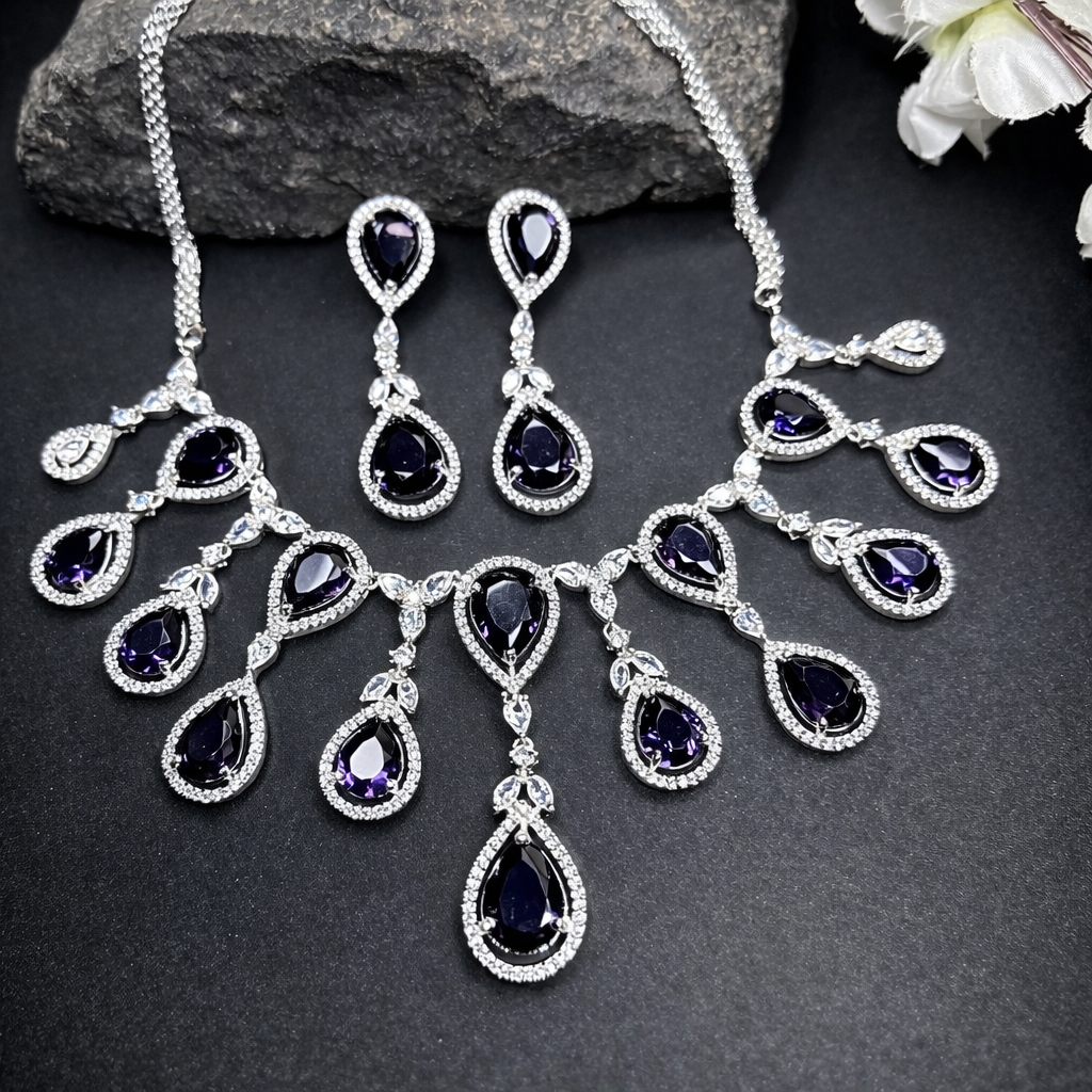 Sparkling Elegant Purple Teardrop Faux American Diamond Doublet Necklace
