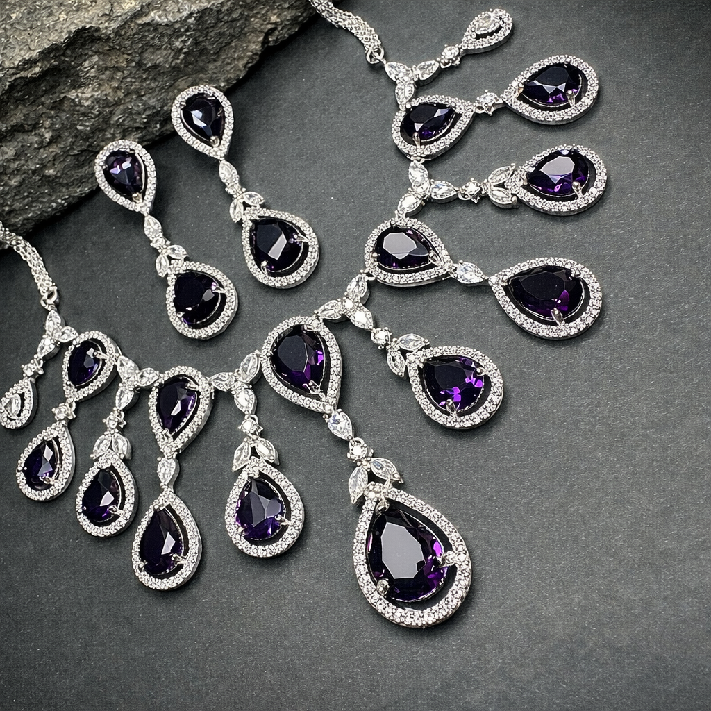 Sparkling Elegant Purple Teardrop Faux American Diamond Doublet Necklace