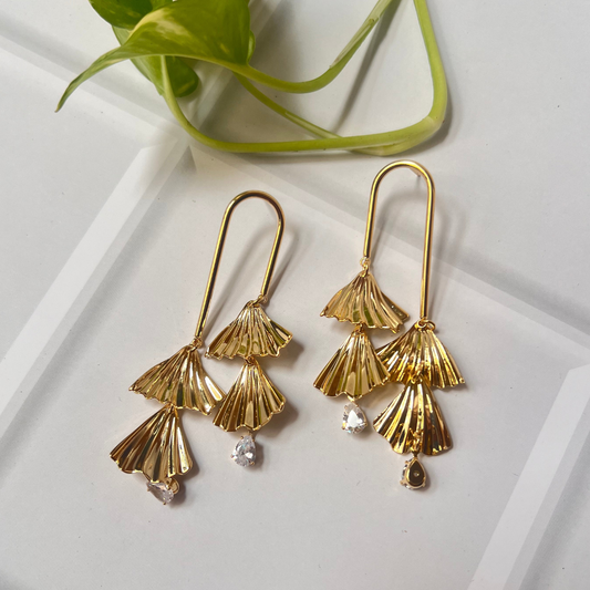 Gold Fan Drop Earrings with Crystals | Modern Statement Earrings for Women