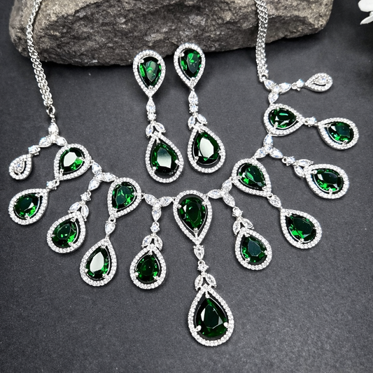 Sparkling Elegant Green Teardrop Faux American Diamond Doublet Necklace