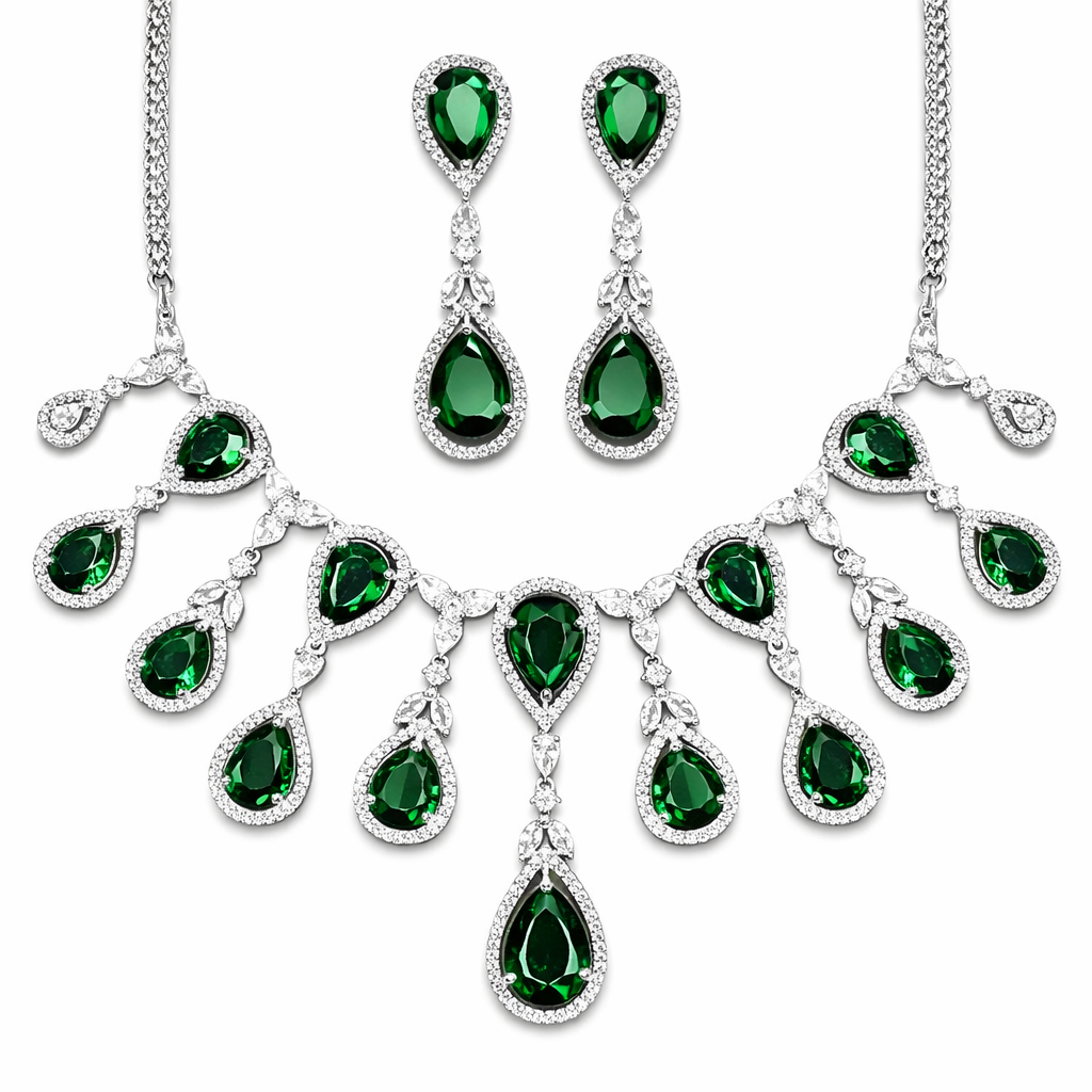 Sparkling Elegant Green Teardrop Faux American Diamond Doublet Necklace