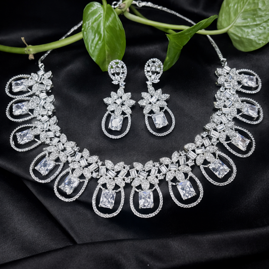 Rhodium Plated Classic American Diamond Necklace Set