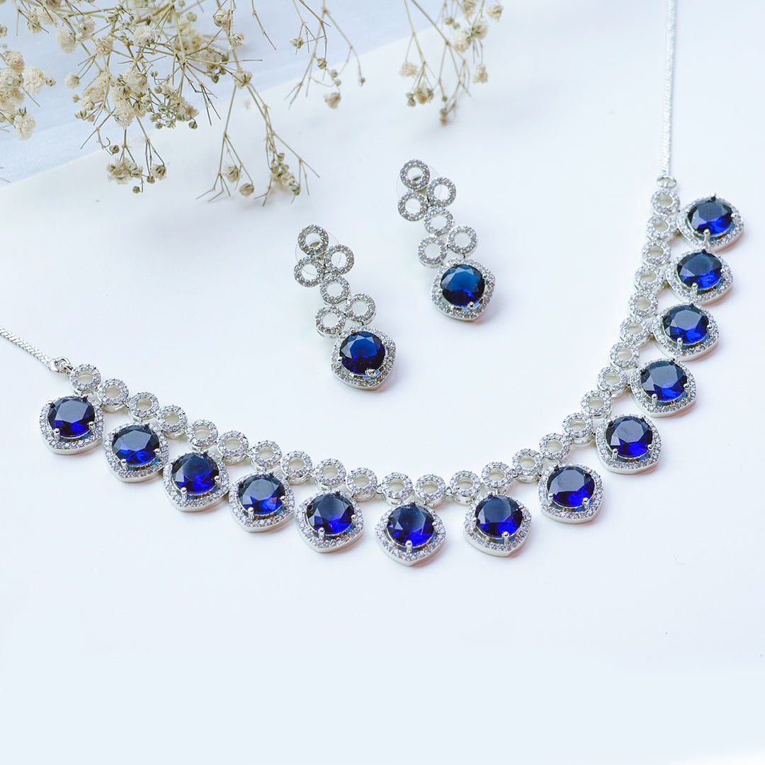 Classic Silver Tone Blue American Diamond Studded Set For Women