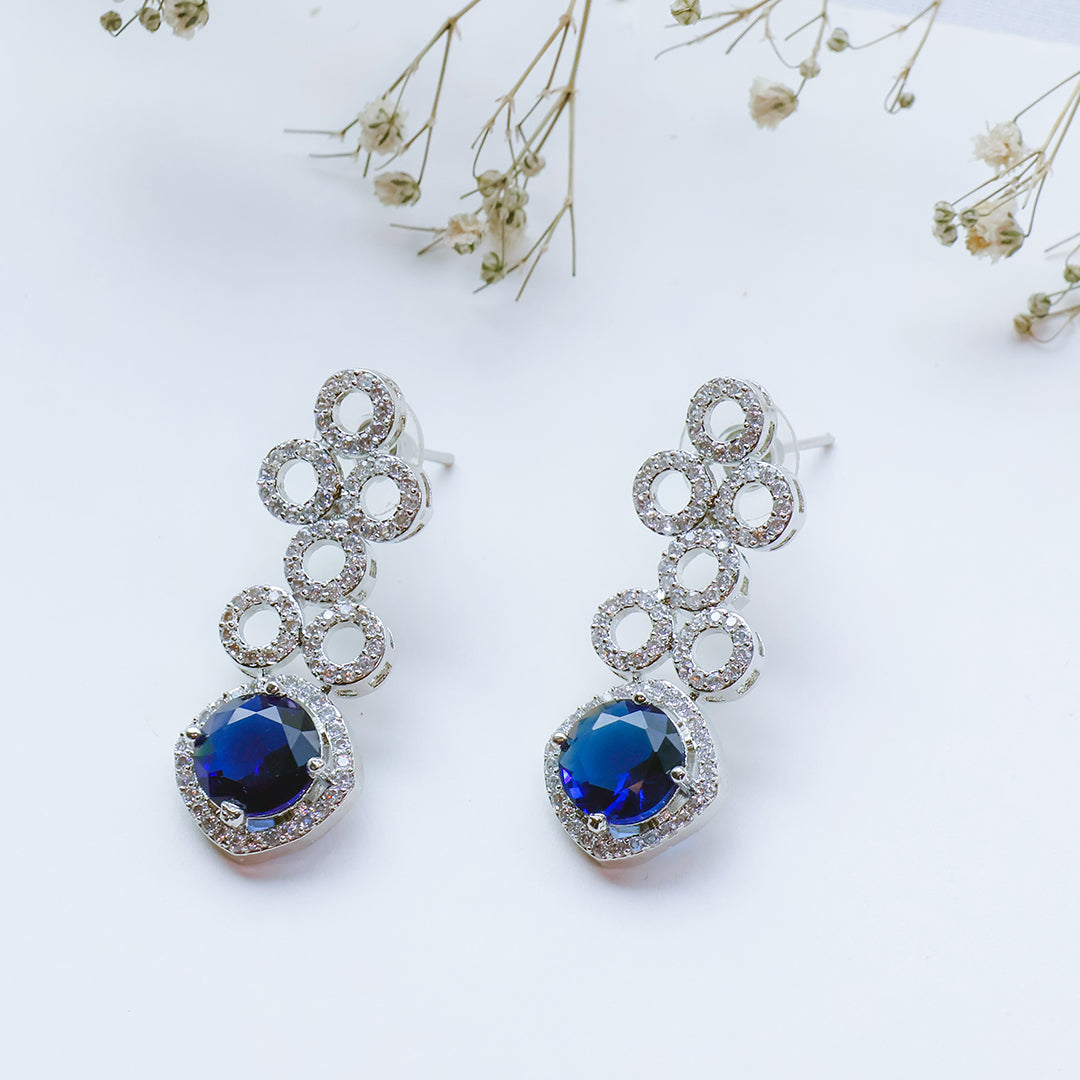 Classic Silver Tone Blue American Diamond Studded Set For Women