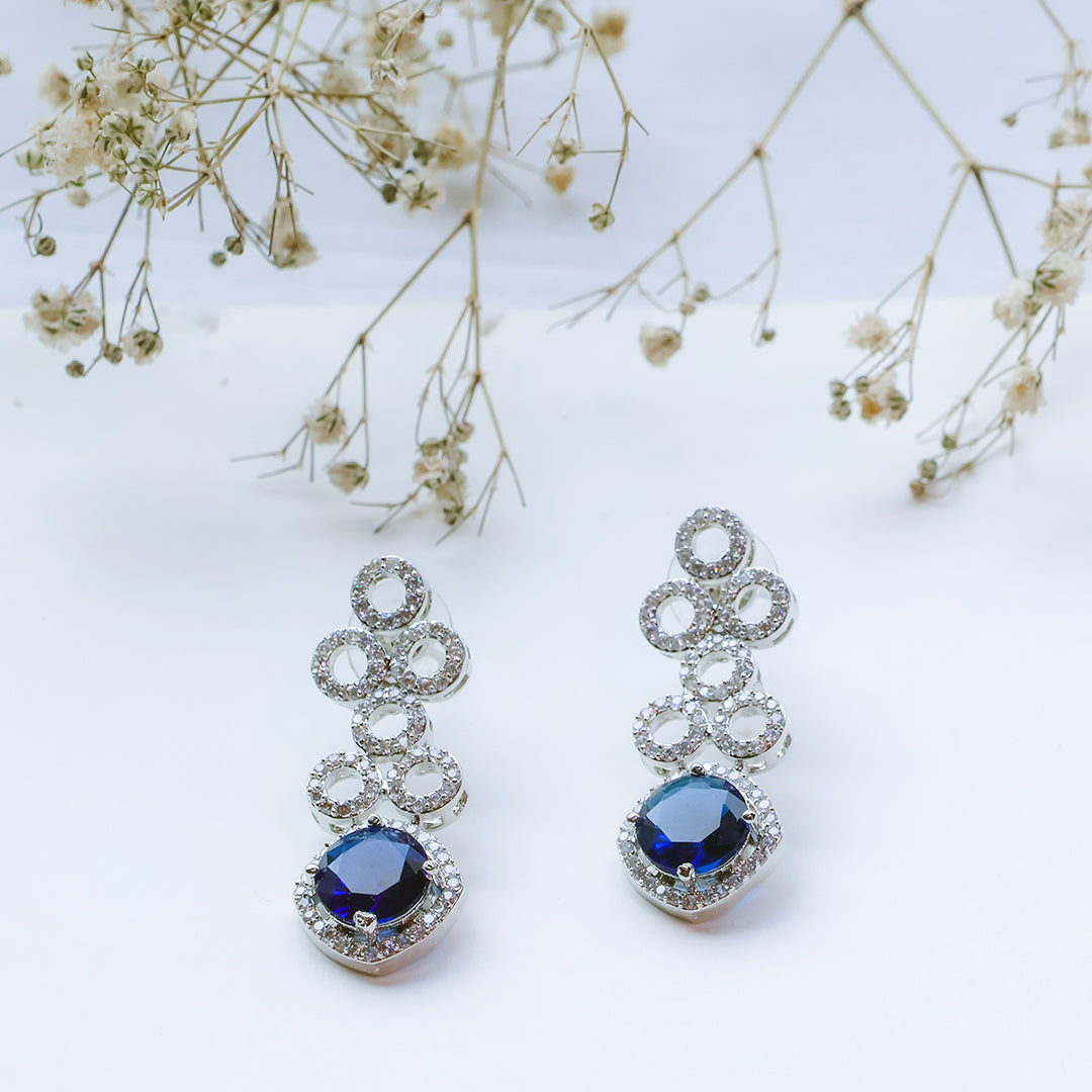 Classic Silver Tone Blue American Diamond Studded Set For Women