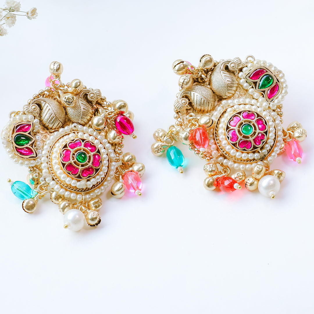 Handcrafted Multicolor Kundan Stud Earrings with Pearl Drops – Ethnic Festive Jewelry