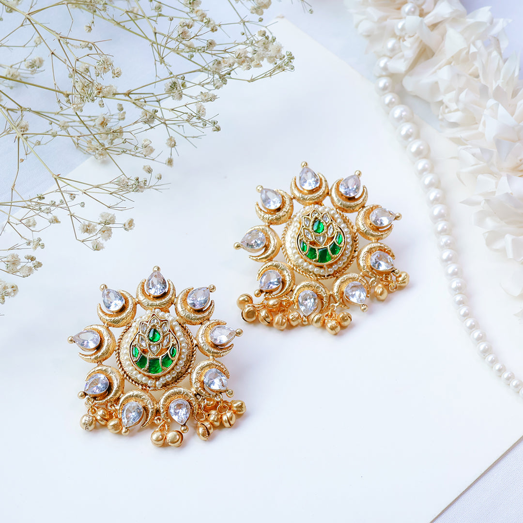 Gold-Plated Kundan Stud Earrings with Green Lotus Motif and Mirror Polki Stones – Ethnic Festive Jewelry