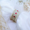 Oxidized Silver Kada with Red Kundan Stones and Pearl Bead Border