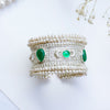 Oxidized Silver Hand Cuff with Green Kundan Stones and Pearl Embellishments