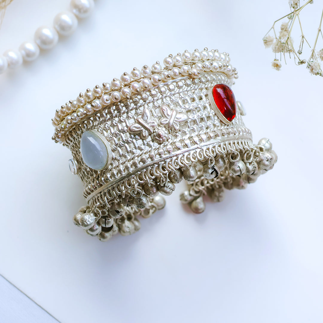 Oxidized Silver Kada with Butterfly Motifs, Red & White Kundan Stones, and Ghungroo Bells