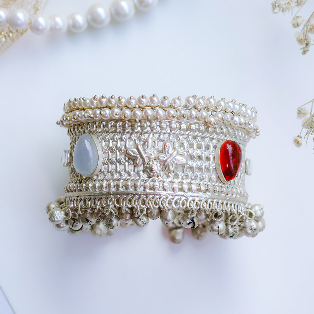 Oxidized Silver Kada with Butterfly Motifs, Red & White Kundan Stones, and Ghungroo Bells