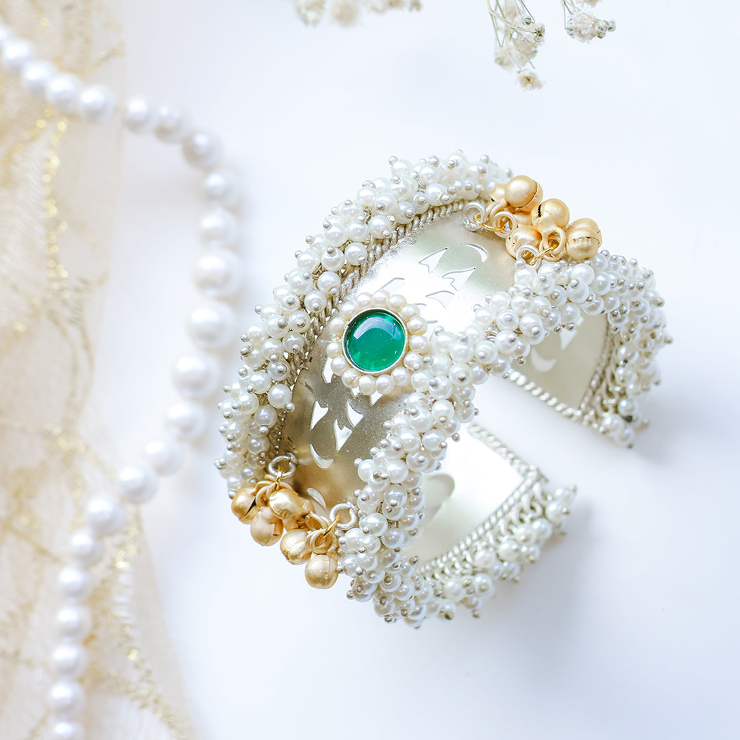 Handcrafted Pearl Kada with Green Kundan & Golden Ghungroo Detailing