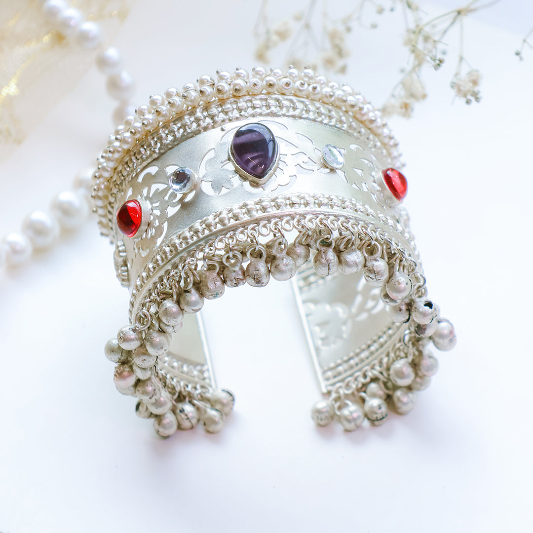 Handcrafted Oxidized Silver Plated Cuff Bracelet with Ghungroo Bells
