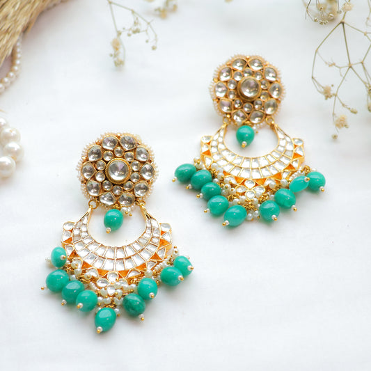 Green Beaded Kundan Chandbali Earrings – Traditional Gold-Plated Festive Jewellery
