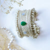 Oxidized Silver Kada with Green Teardrop Kundan & Pearl Beaded Border