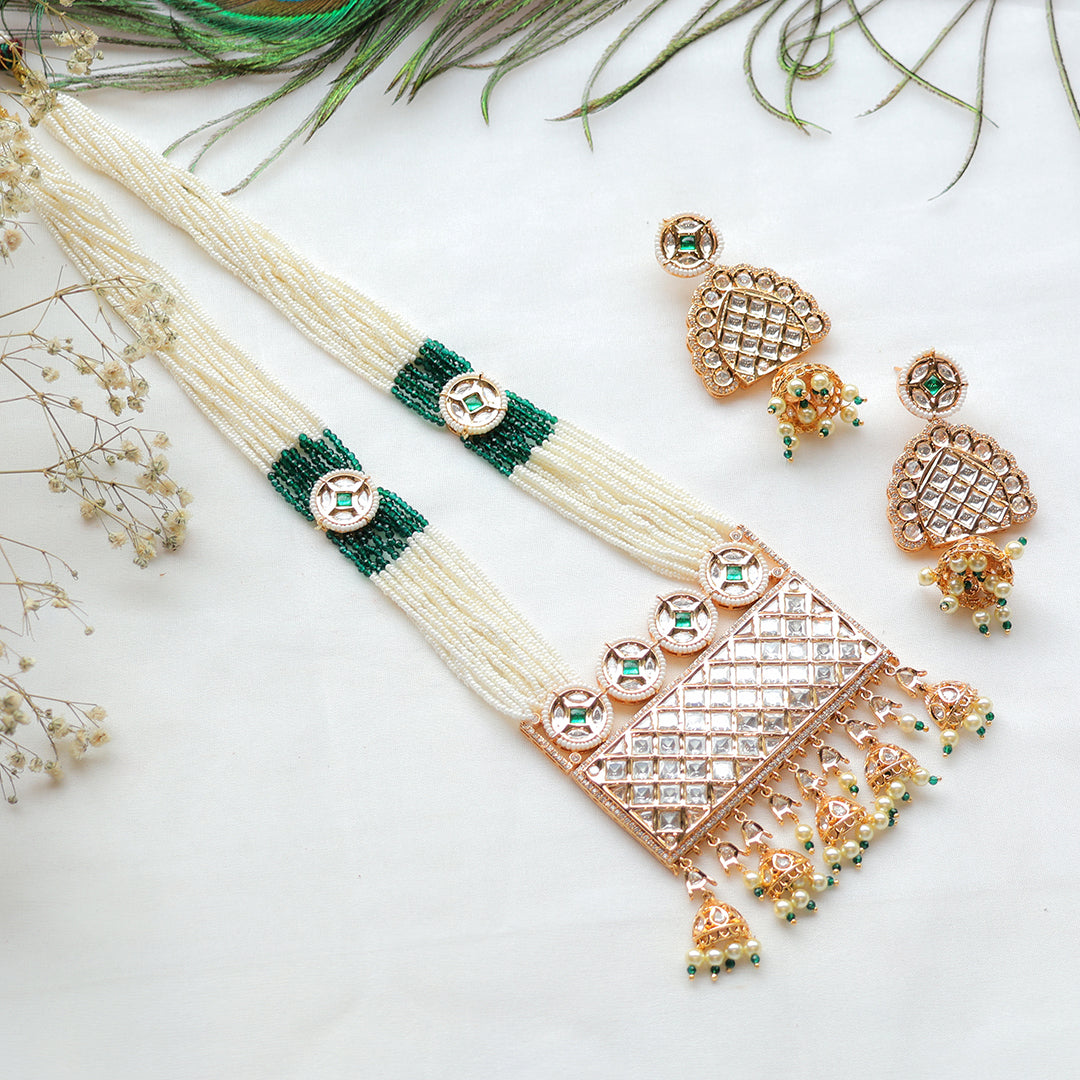 Pearl Beaded Long Kundan Necklace Set with Jhumka Drops – Modern Indian Jewellery