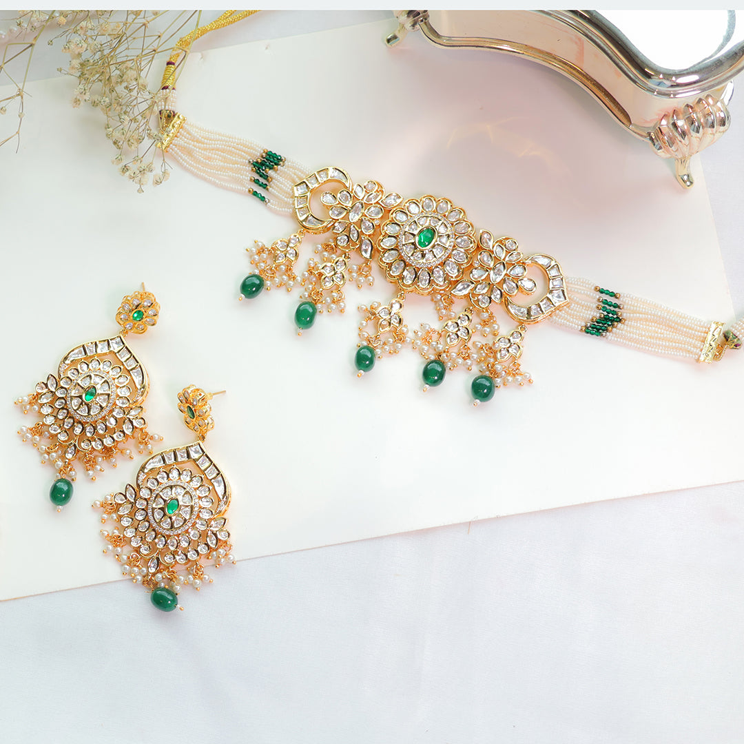 Kundan Pearl Choker Necklace with Green Drop Beads – Traditional Bridal Jewellery