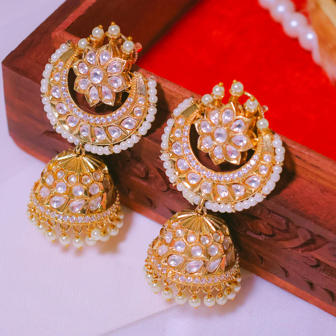 Exquisite Gold-Toned Kundan & Pearl Jhumka Earrings