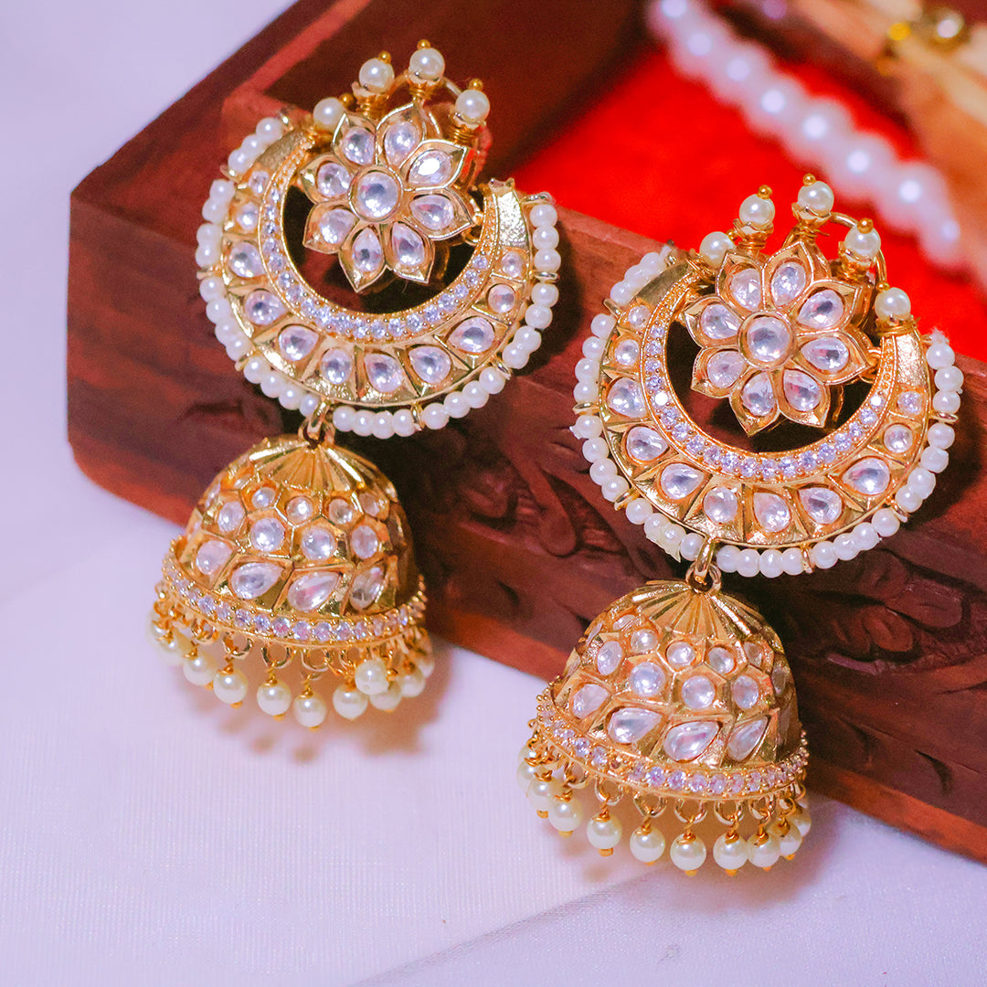Exquisite Gold-Toned Kundan & Pearl Jhumka Earrings