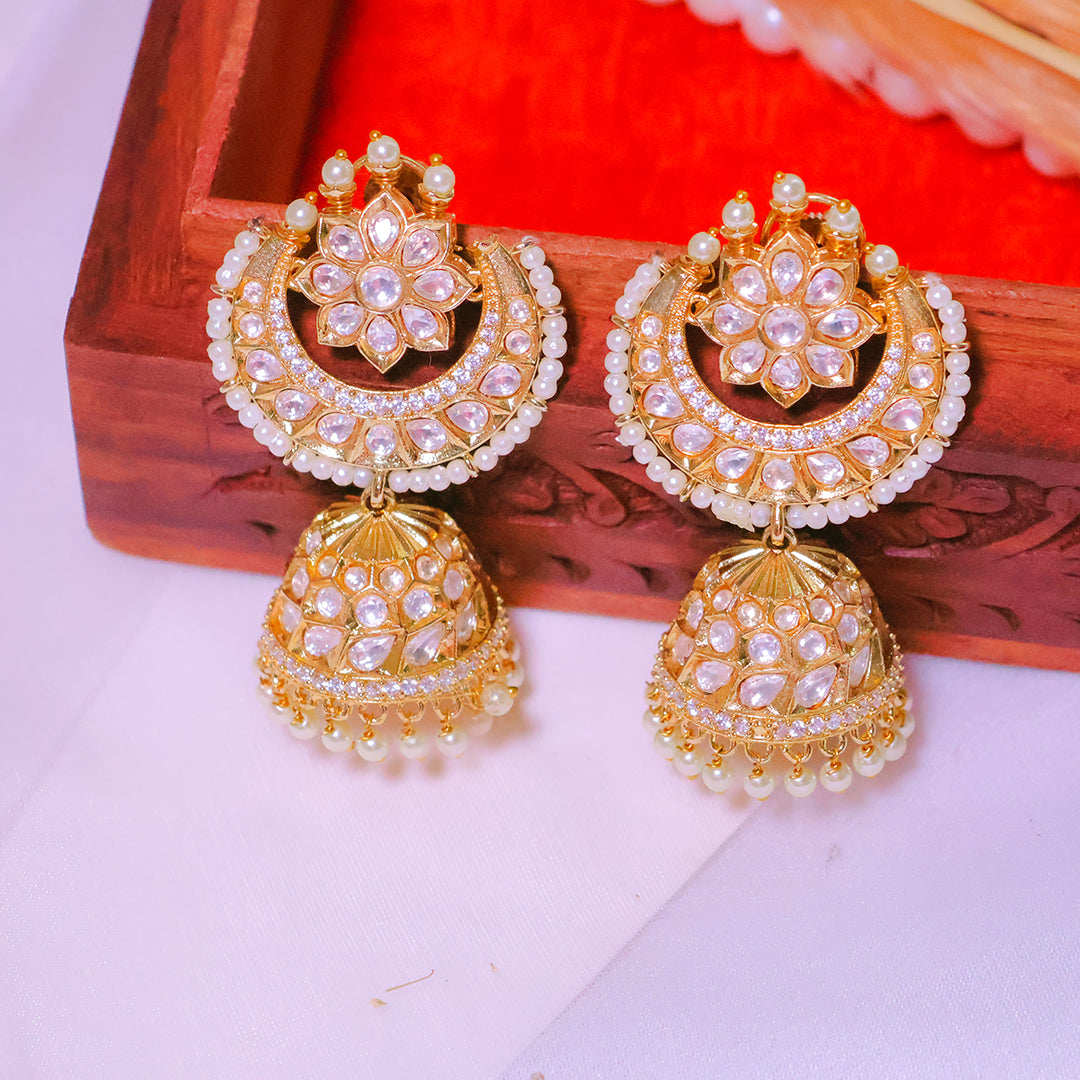 Exquisite Gold-Toned Kundan & Pearl Jhumka Earrings