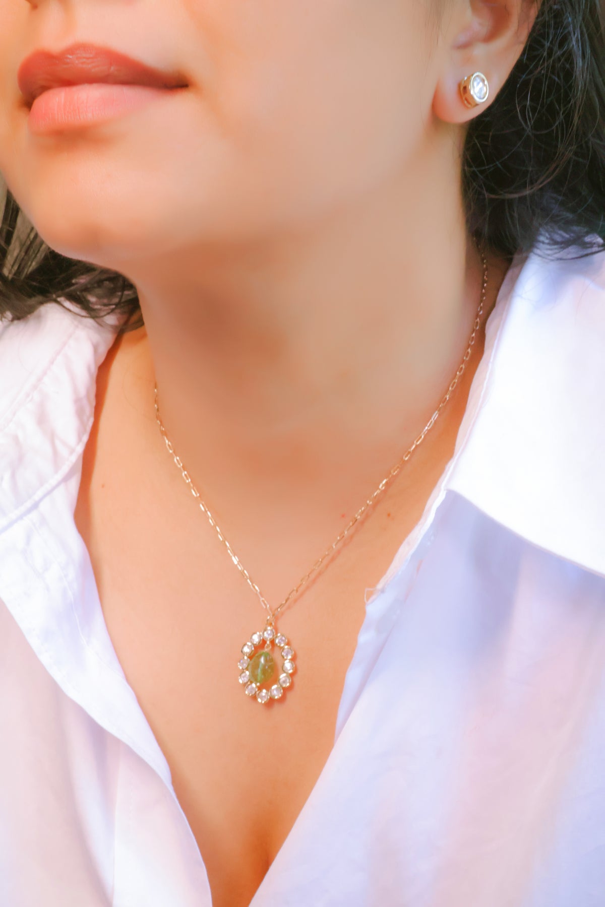 Elegant Gold Pendant Necklace with Green Gemstone & Diamond Accents | Everyday Luxury Jewelry