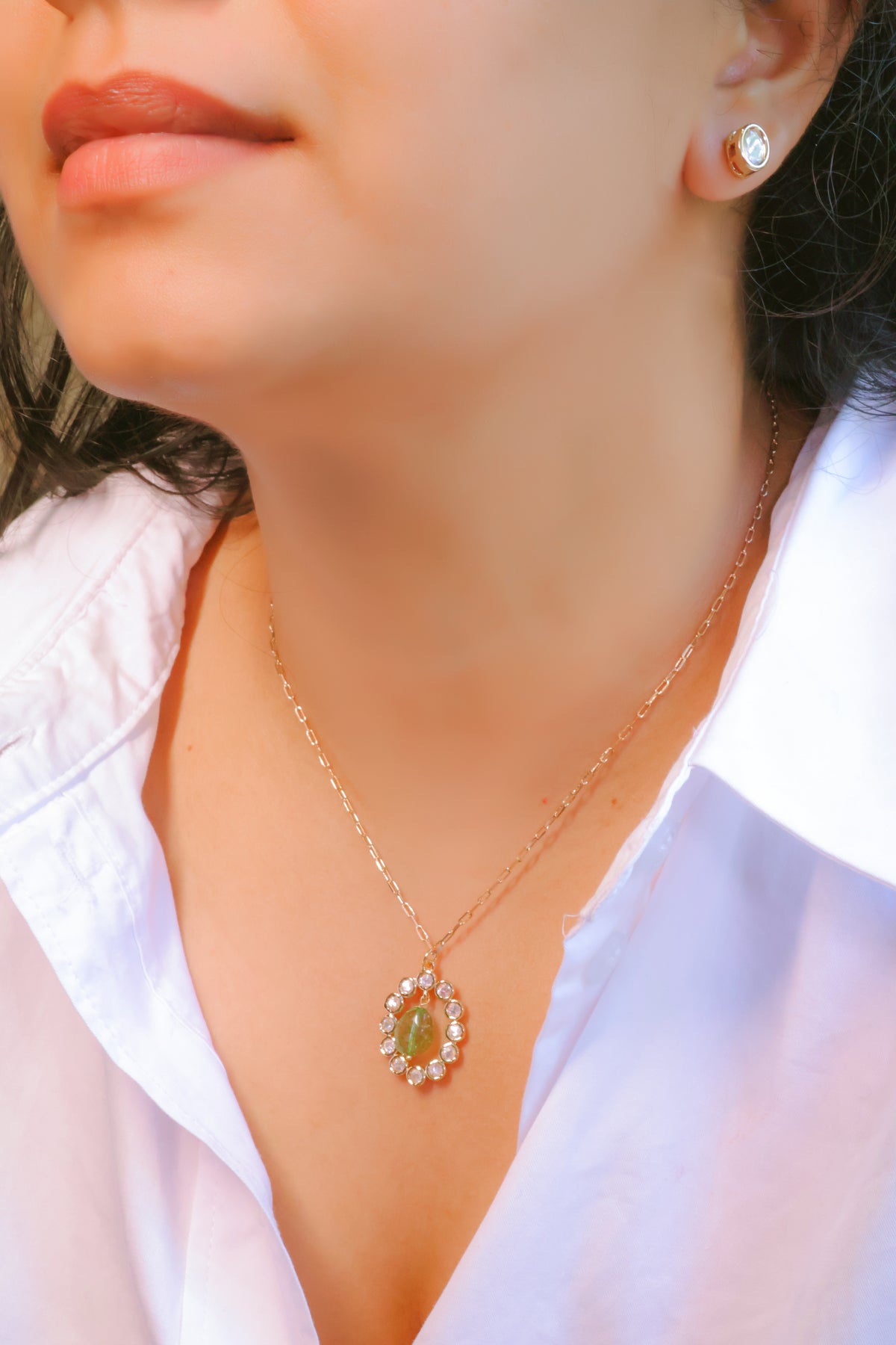 Elegant Gold Pendant Necklace with Green Gemstone & Diamond Accents | Everyday Luxury Jewelry