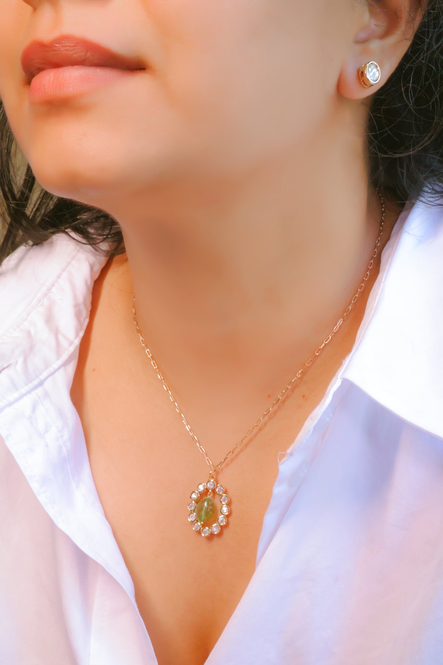 Elegant Gold Pendant Necklace with Green Gemstone & Diamond Accents | Everyday Luxury Jewelry