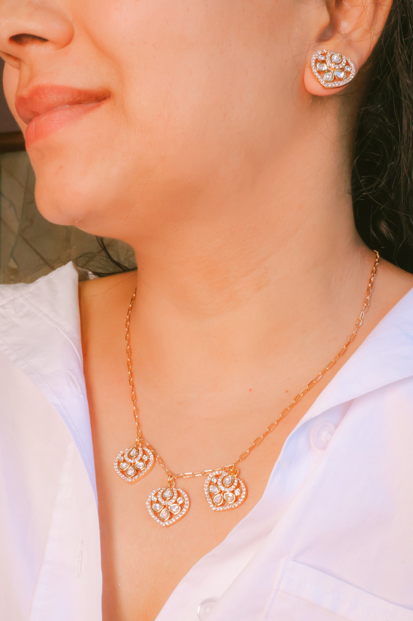 Dainty Heart Cluster Mossainite Necklace & Stud Earring Set |Rose Gold Plated