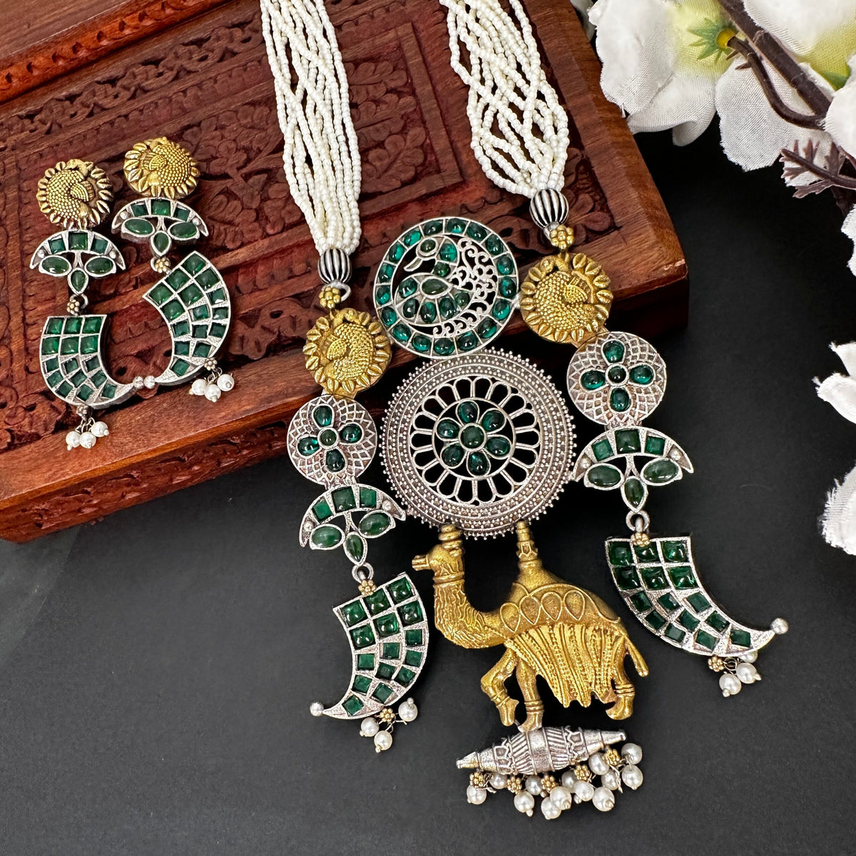 Statement Antique Dual Tone Silver Plated Long Pearl Necklace