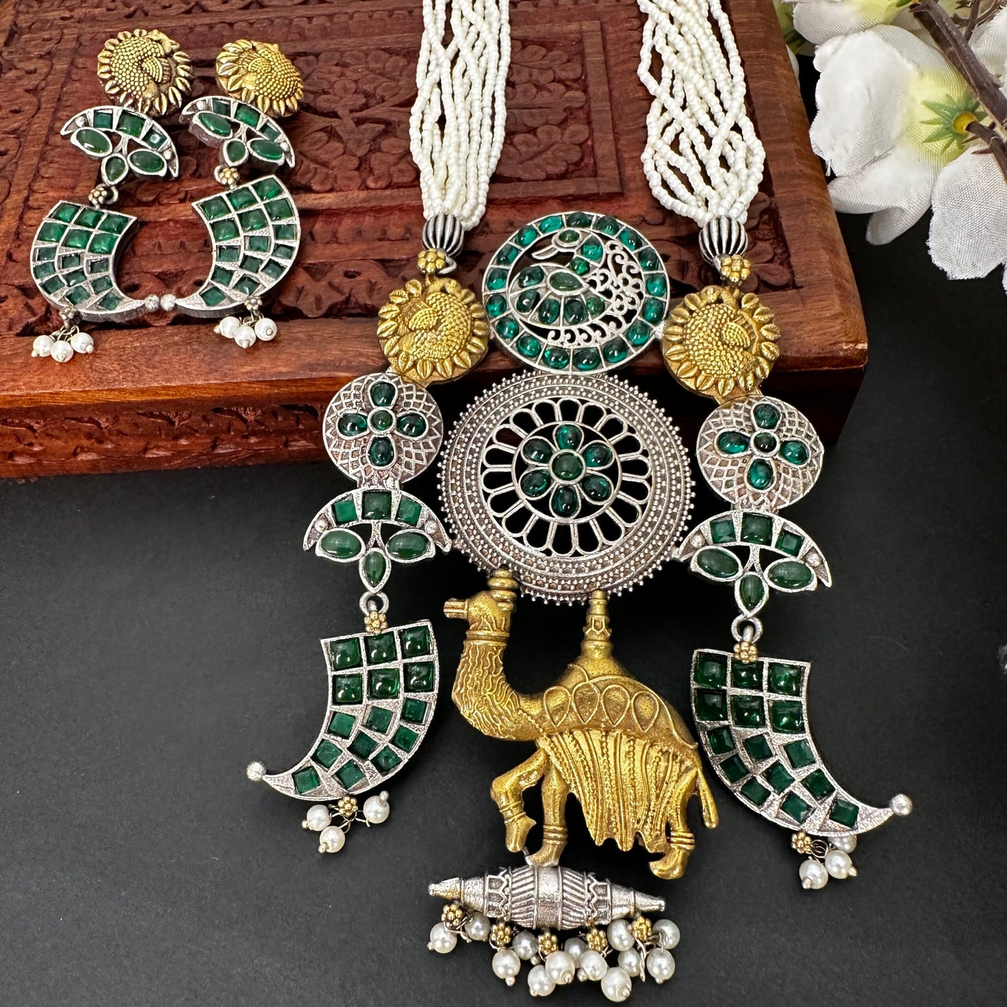 Statement Antique Dual Tone Silver Plated Long Pearl Necklace