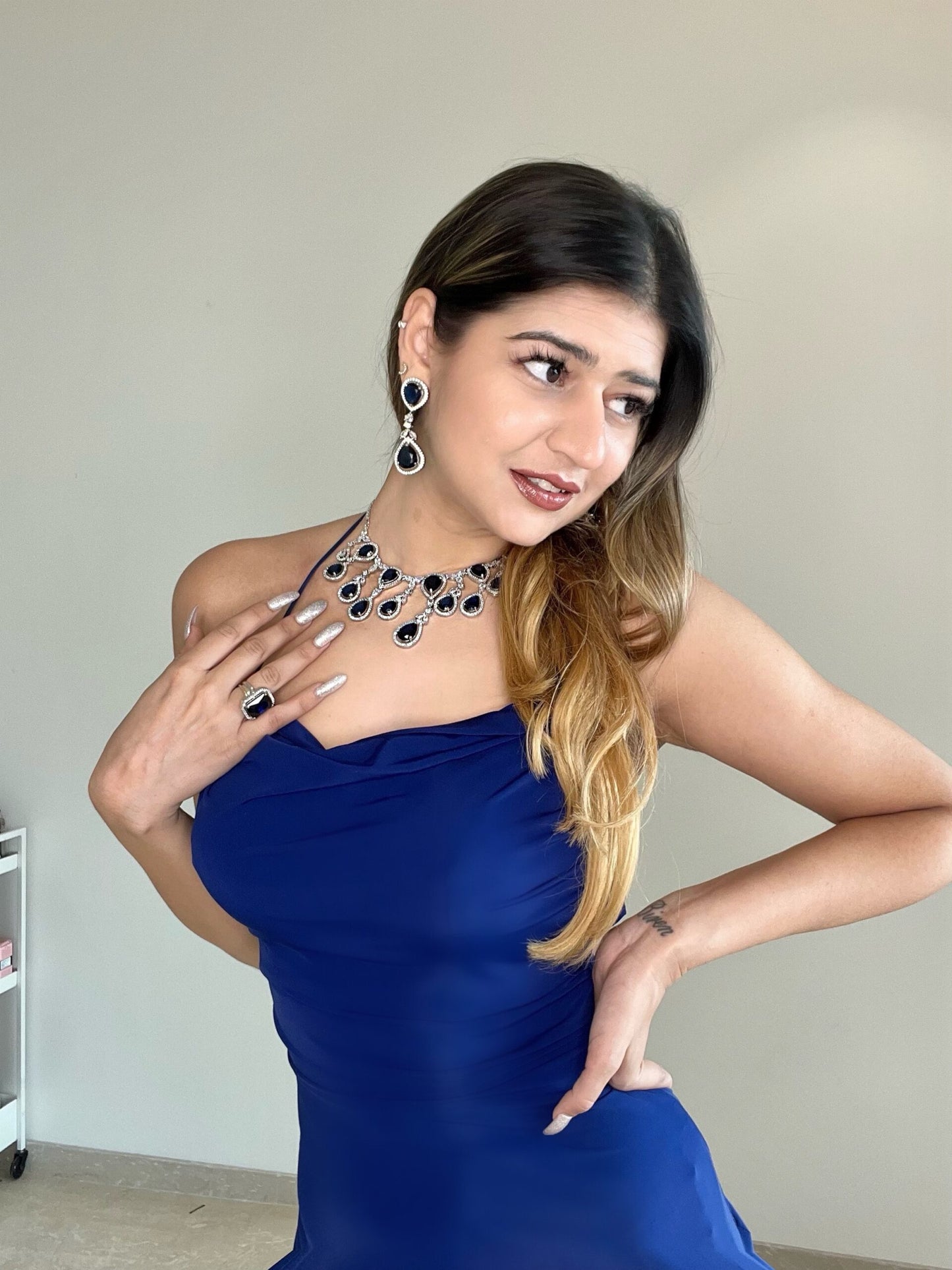 Sparkling Elegant Blue Teardrop Faux American Diamond Doublet Necklace