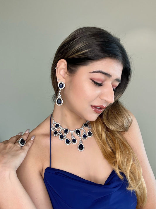 Sparkling Elegant Blue Teardrop Faux American Diamond Doublet Necklace