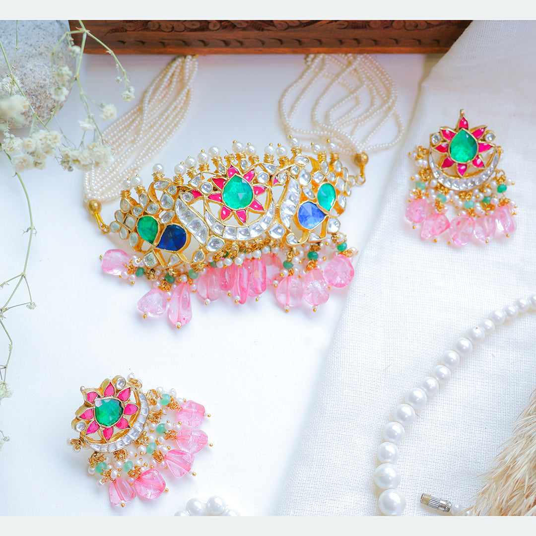Multicolor Kundan Choker Necklace with Pink Beads – Bridal Pearl String Jewellery