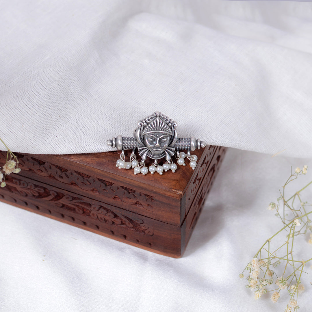 Oxidized Tribal Goddess Ring with Pearl Droplets – Statement Boho Jewellery