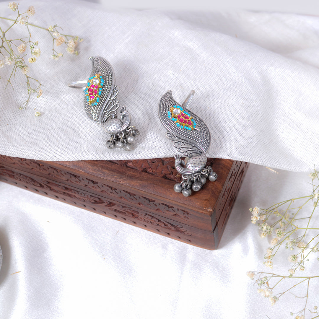 Oxidized Silver Peacock Ear Cuffs