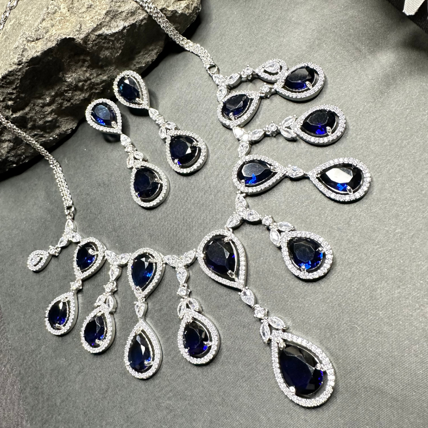 Sparkling Elegant Blue Teardrop Faux American Diamond Doublet Necklace