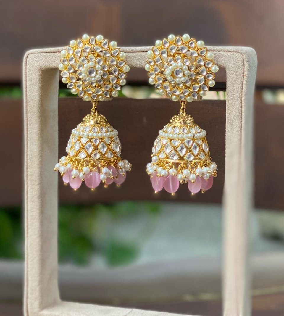 Dangler Earrings in Paachi Kundan with Baby Pink Stones