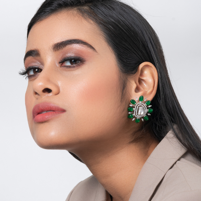 Silver Plated Green Color Stone Kundan Floral Earring