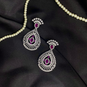 Rhodium Plated CZ Ruby Designer Diamond Earrings| Dangler| CZ Bridal Earrings| Fancy Earrings (Copy)