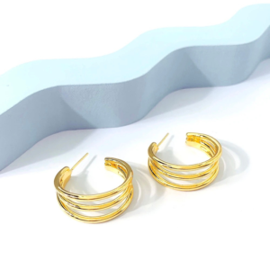 Stylish Pair of Gold Plated Triple Rings Hoop Earrings