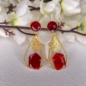 handcrafted Red Colour Raw Stone Gold Plated Dangle Earring