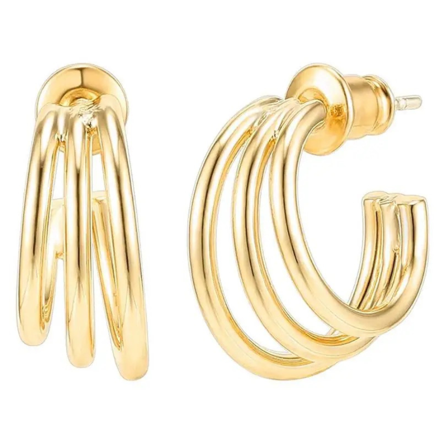 Stylish Pair of Gold Plated Triple Rings Hoop Earrings