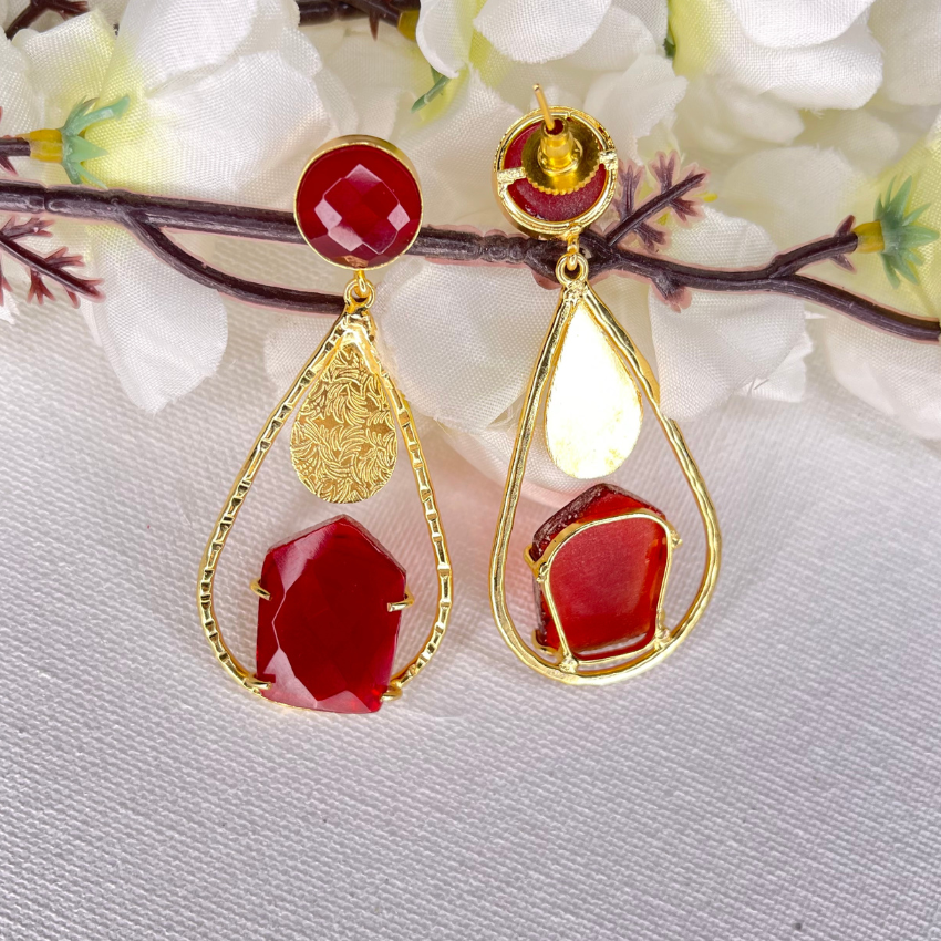 handcrafted Red Colour Raw Stone Gold Plated Dangle Earring