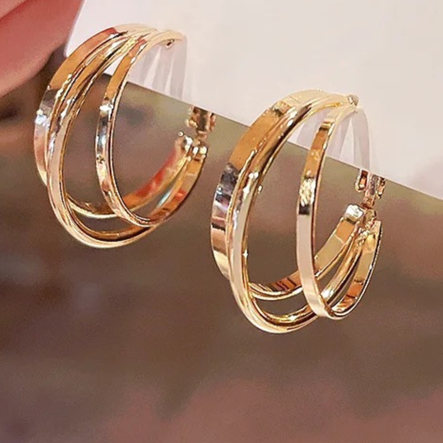 Gold Plated Triple Layer Contemporary Hoop Earrings