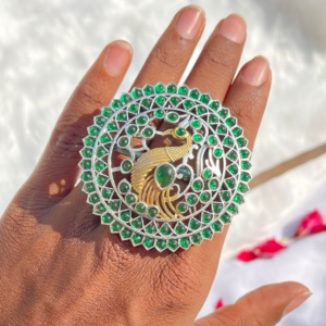Oxidised GreenStone Peacock Design Ring