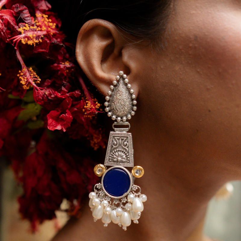 Tribal oxidised Pearl Earring